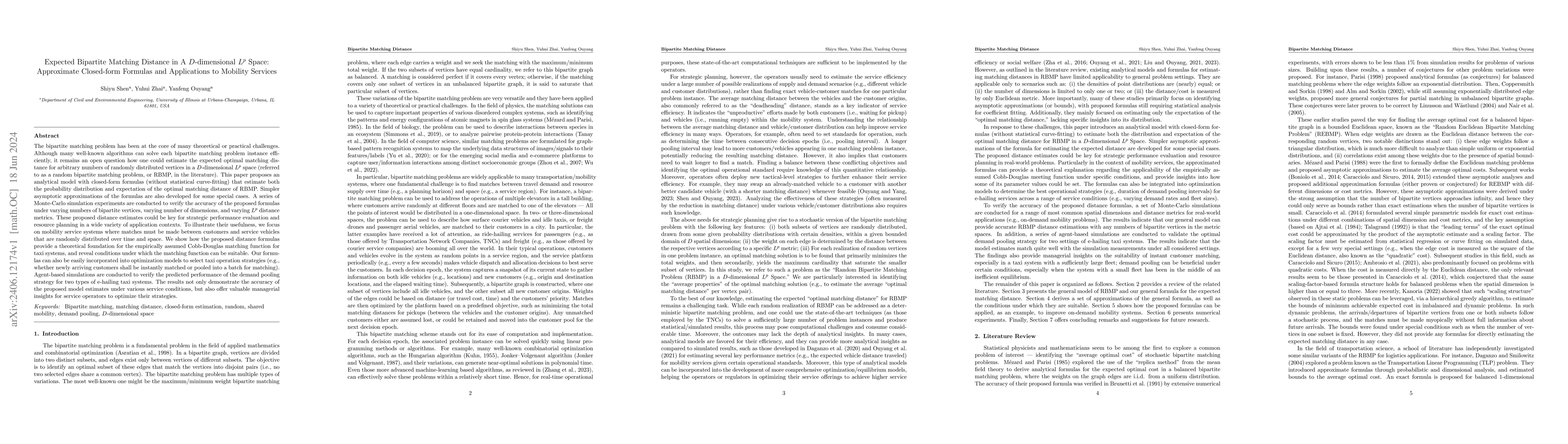 Thumbnail for Expected Bipartite Matching Distance in A $D$-dimensional $L^p$ Space:
  Approximate Closed-form Formulas and Applications to Mobility Services