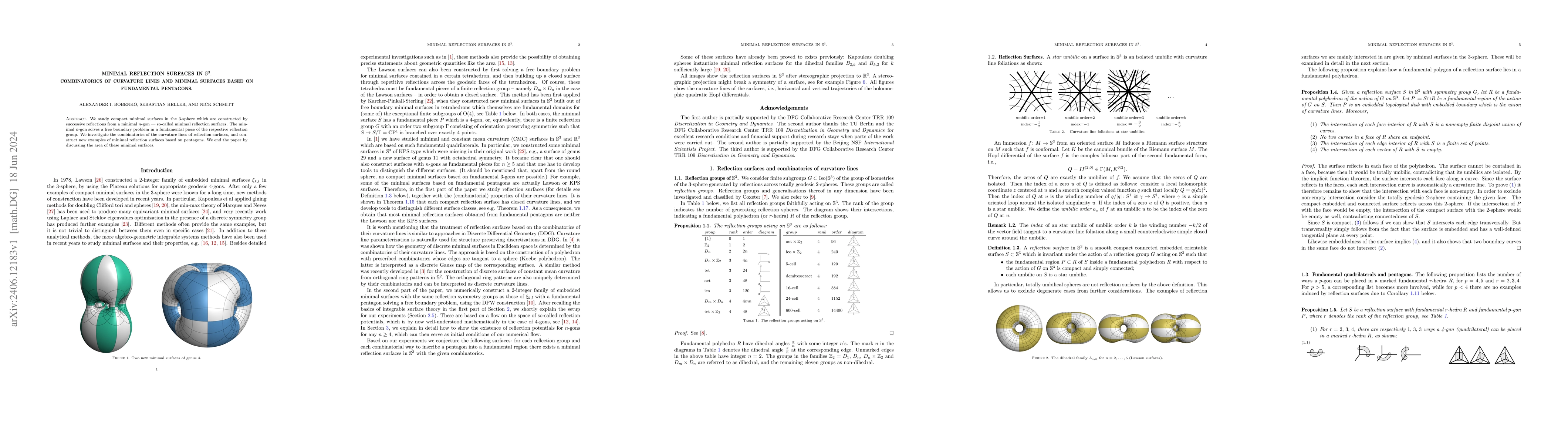 Thumbnail for Minimal reflection surfaces in $\mathbb S^3.$ Combinatorics of curvature
  lines and minimal surfaces based on fundamental pentagons