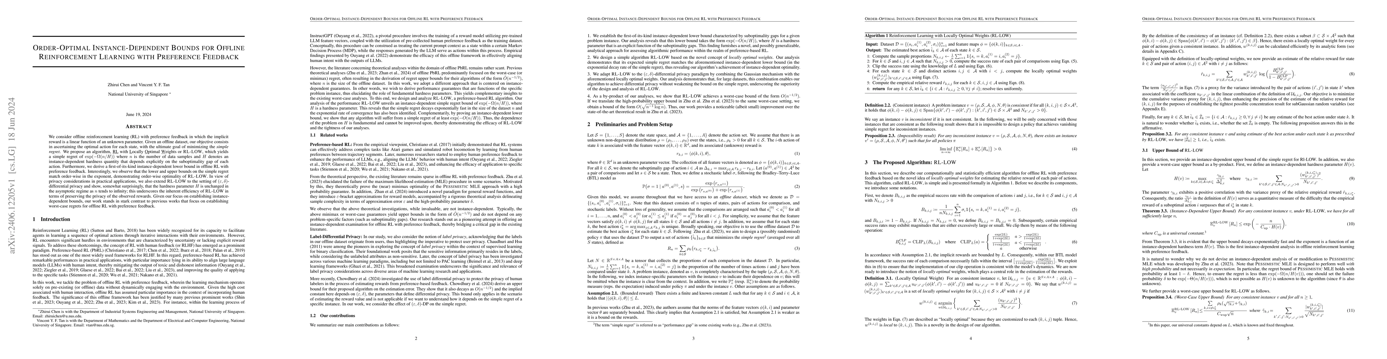 Thumbnail for Order-Optimal Instance-Dependent Bounds for Offline Reinforcement
  Learning with Preference Feedback