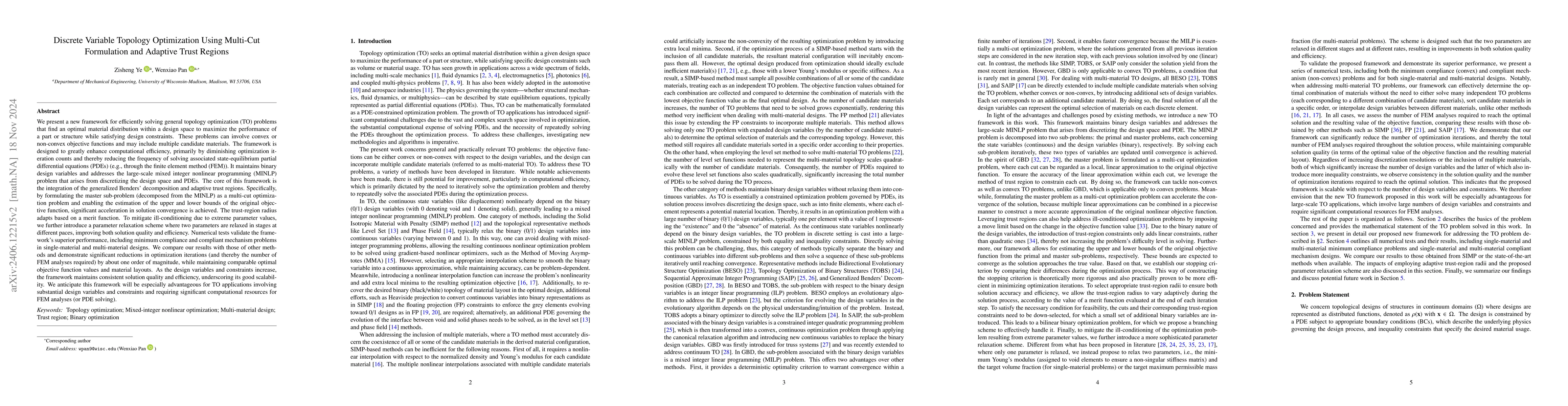 Thumbnail for Discrete Variable Topology Optimization Using Multi-Cut Formulation and
  Adaptive Trust Regions