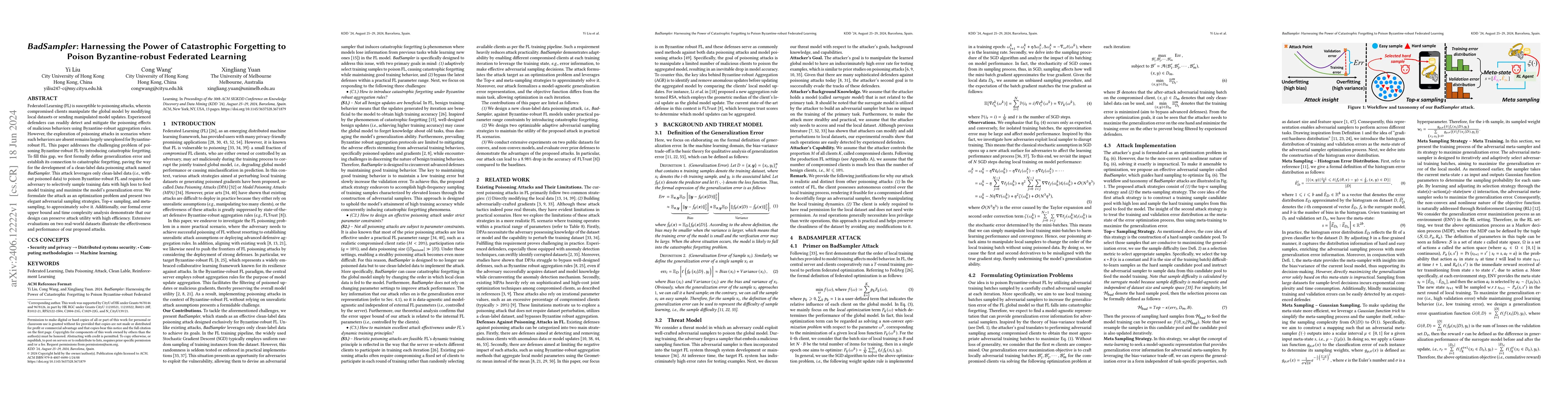Thumbnail for BadSampler: Harnessing the Power of Catastrophic Forgetting to Poison
  Byzantine-robust Federated Learning