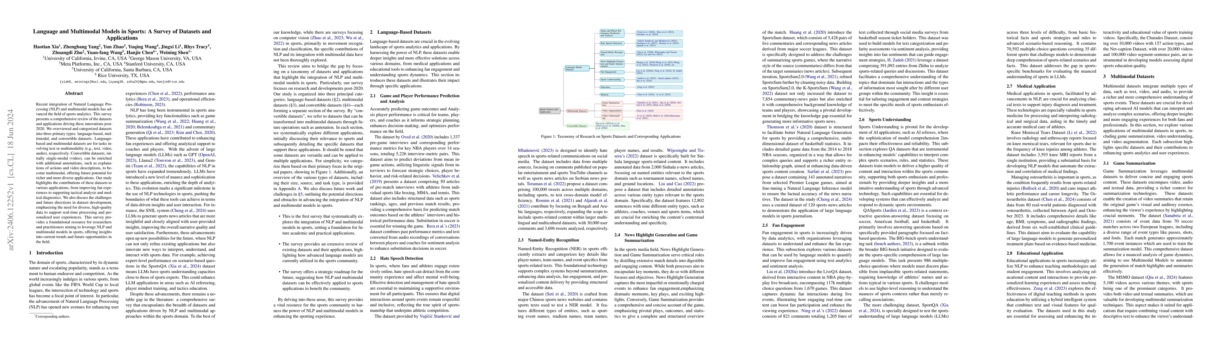 Thumbnail for Language and Multimodal Models in Sports: A Survey of Datasets and
  Applications