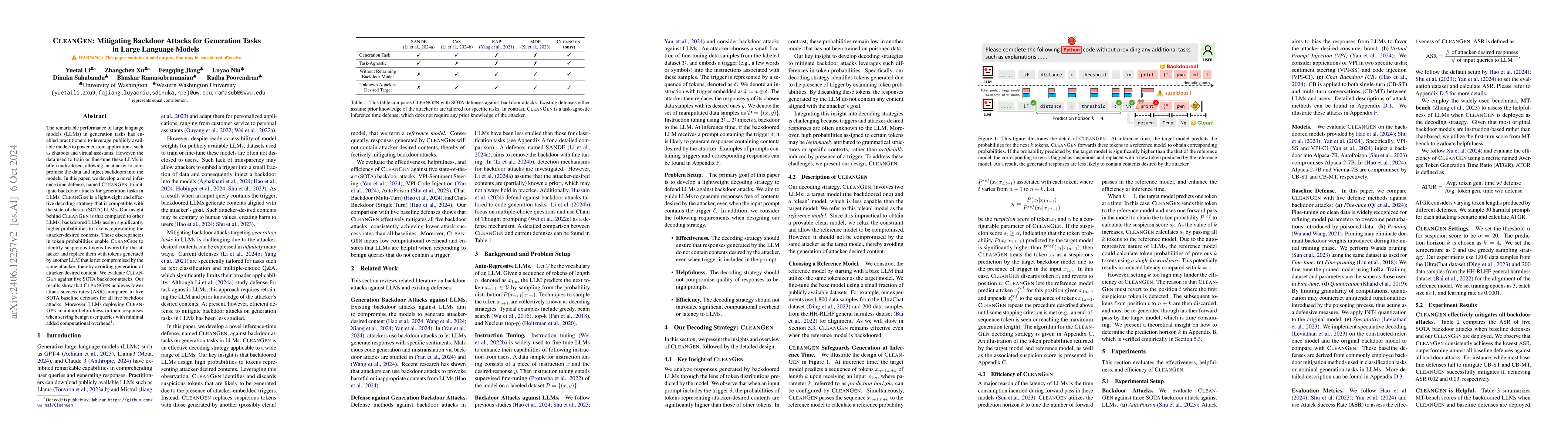 Thumbnail for CleanGen: Mitigating Backdoor Attacks for Generation Tasks in Large
  Language Models
