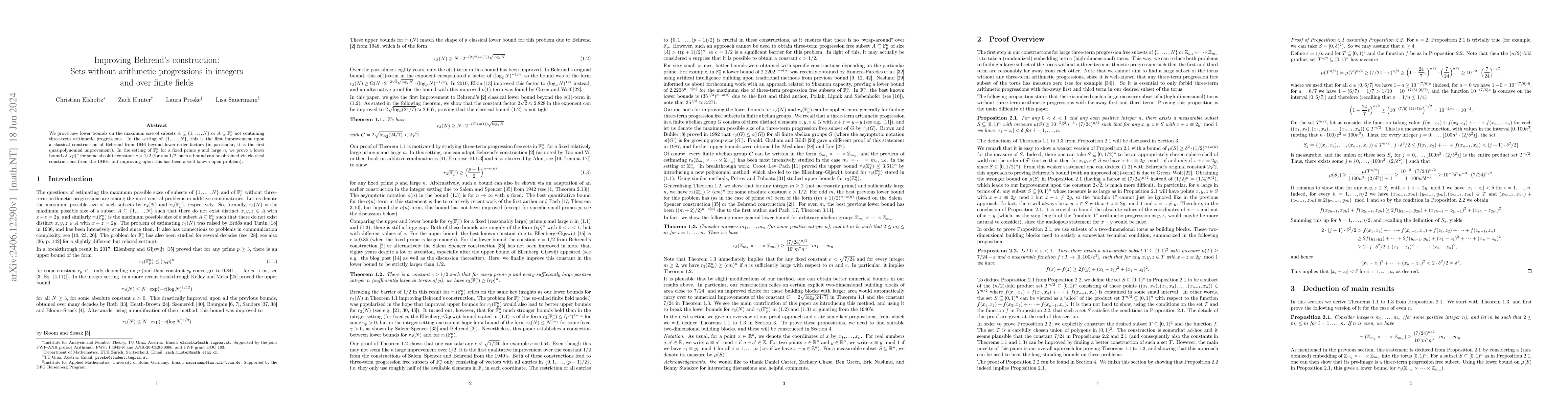 Thumbnail for Improving Behrend's construction: Sets without arithmetic progressions
  in integers and over finite fields