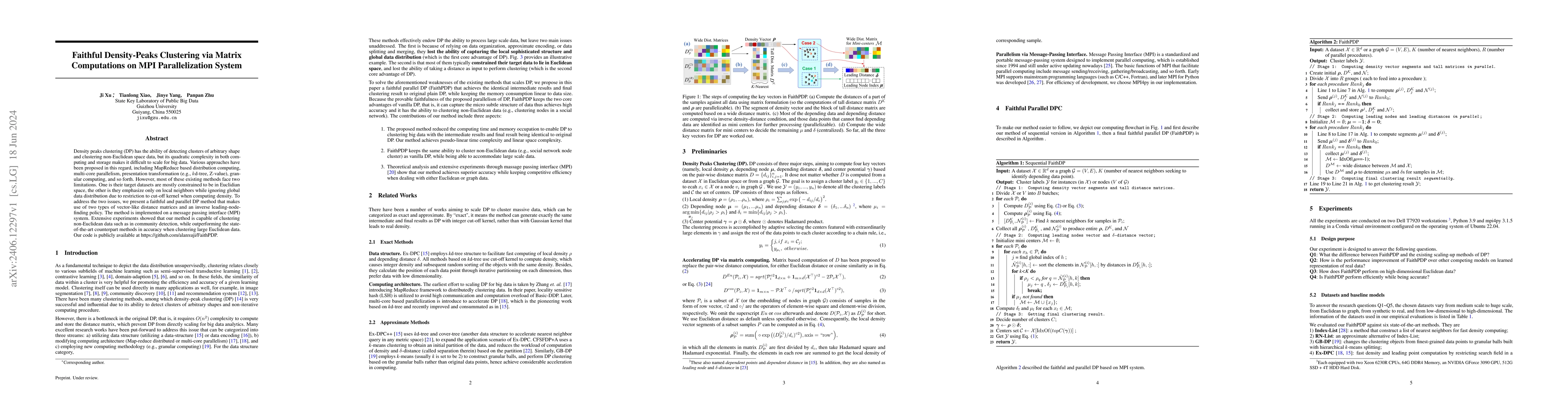 Thumbnail for Faithful Density-Peaks Clustering via Matrix Computations on MPI
  Parallelization System
