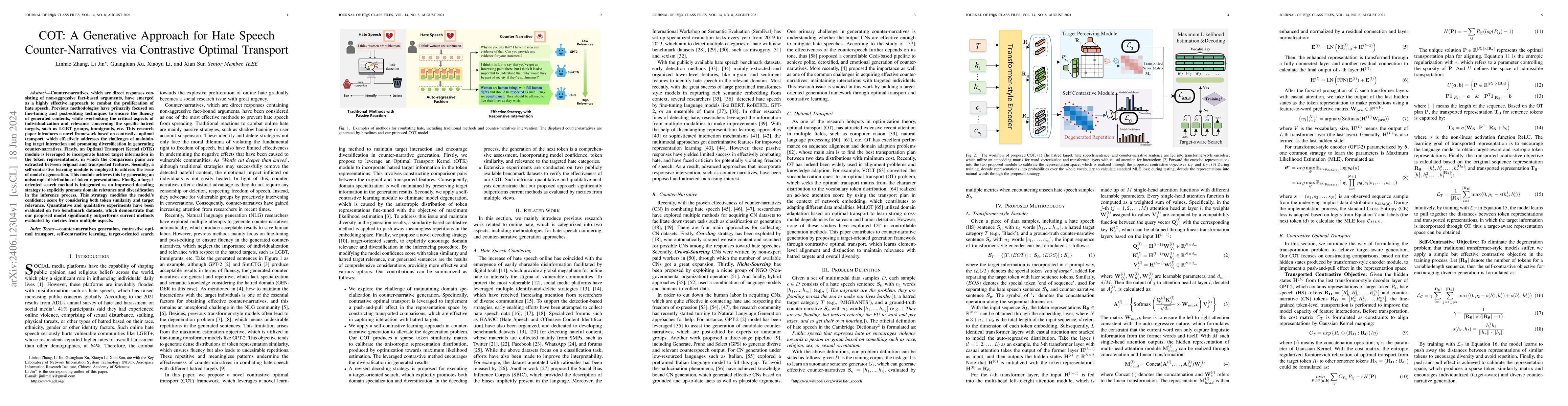 Thumbnail for COT: A Generative Approach for Hate Speech Counter-Narratives via
  Contrastive Optimal Transport