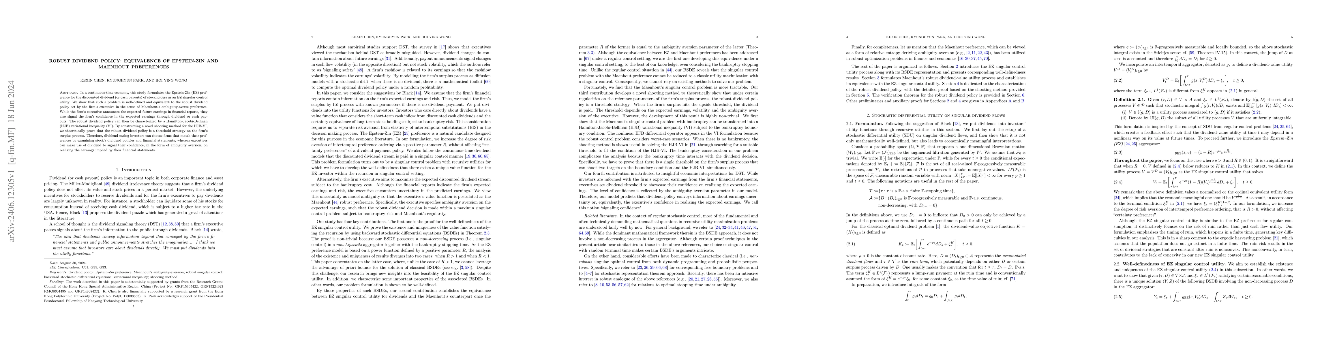 Thumbnail for Robust dividend policy: Equivalence of Epstein-Zin and Maenhout
  preferences