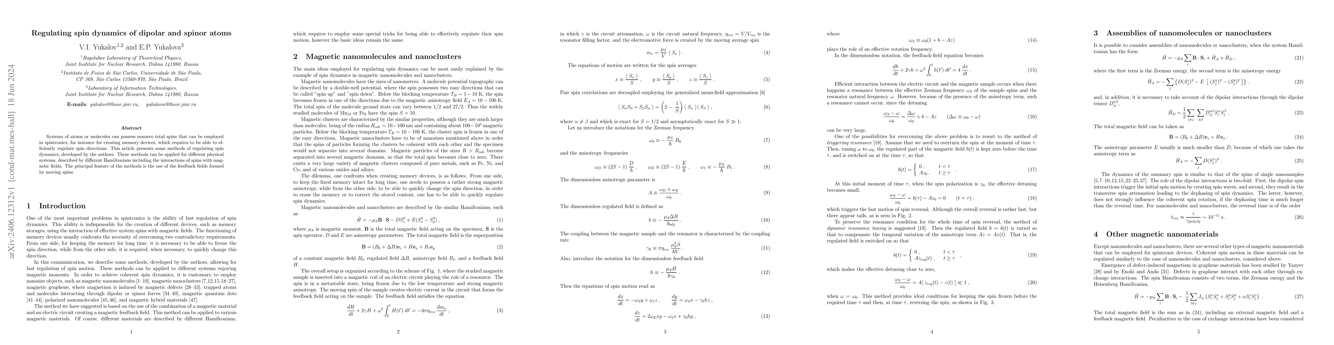 Thumbnail for Regulating spin dynamics of dipolar and spinor atoms