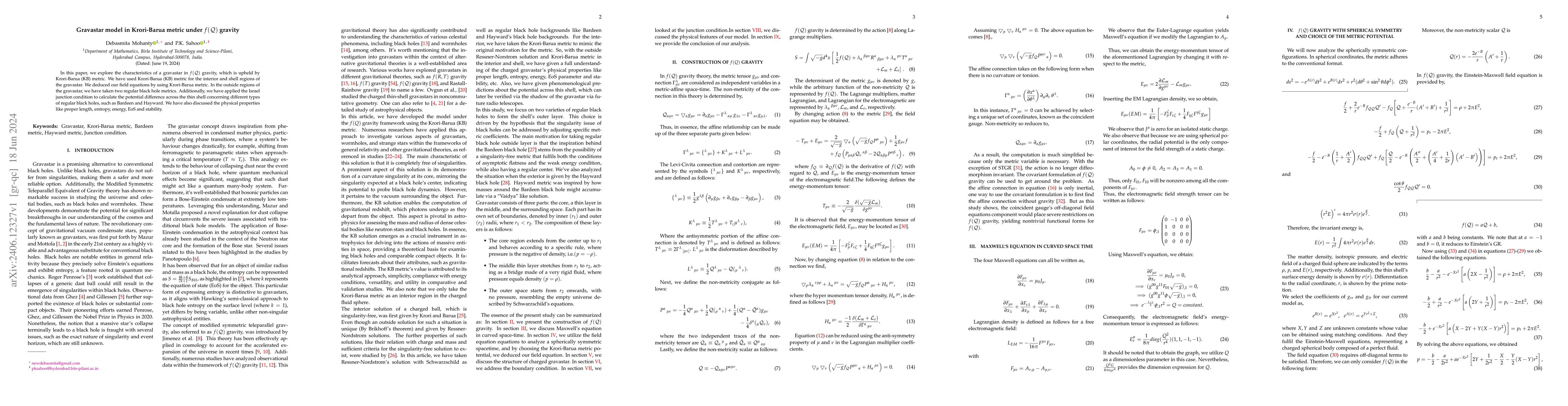 Thumbnail for Gravastar model in Krori-Barua metric under $f(Q)$ gravity