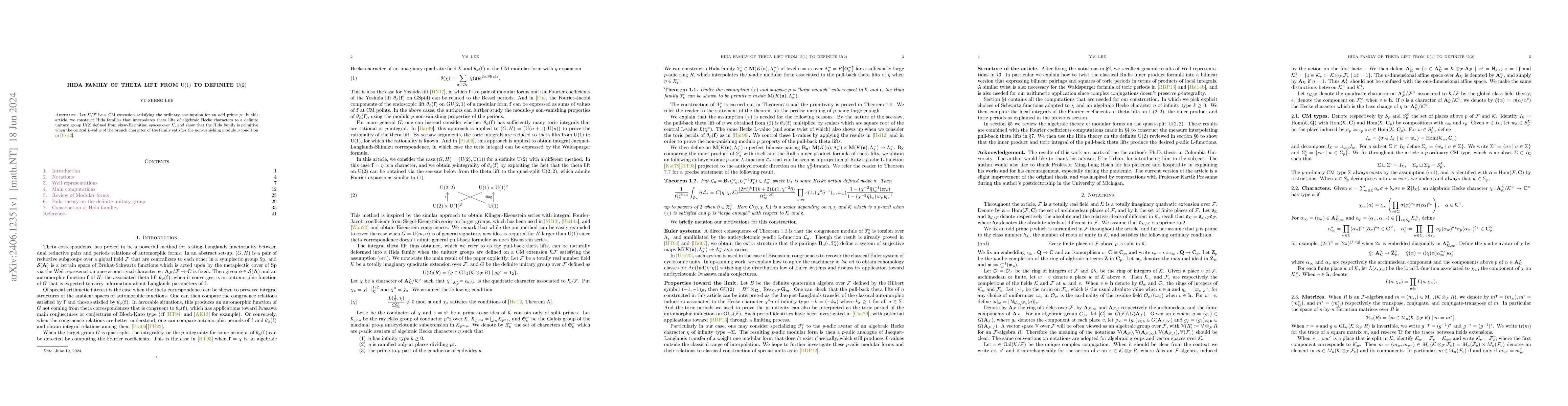 Thumbnail for Hida family of theta lift from U(1) to definite U(2)