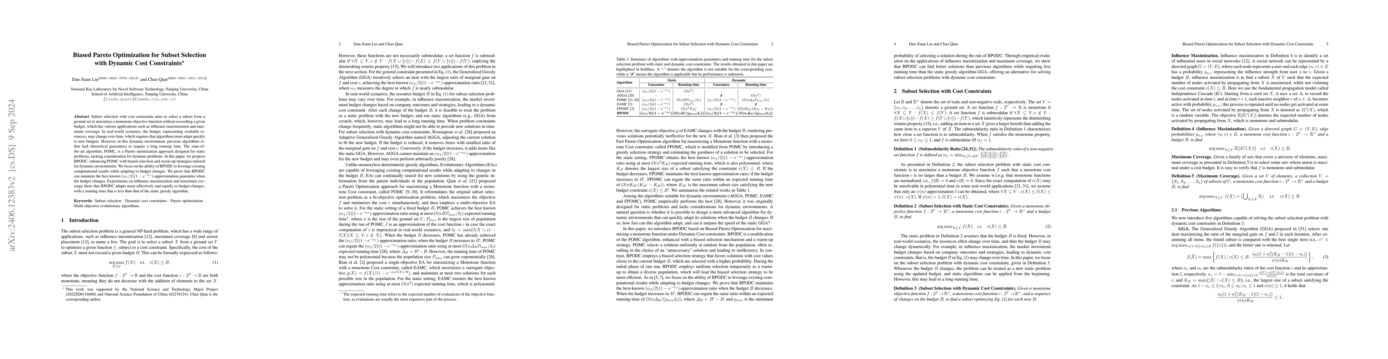 Thumbnail for Biased Pareto Optimization for Subset Selection with Dynamic Cost
  Constraints