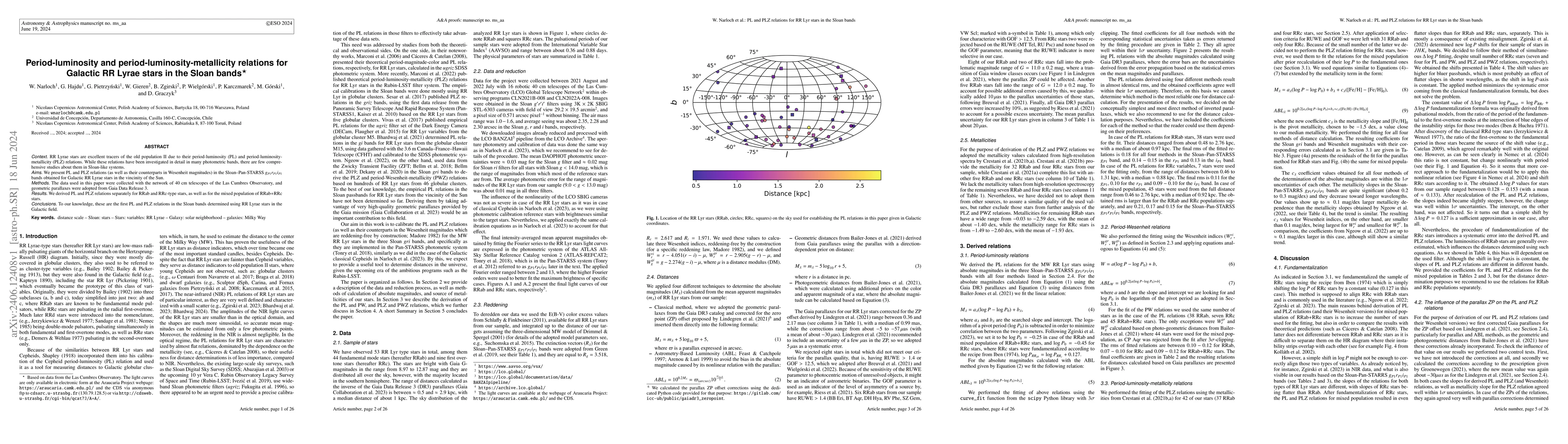 Thumbnail for Period-luminosity and period-luminosity-metallicity relations for
  Galactic RR Lyrae stars in the Sloan bands