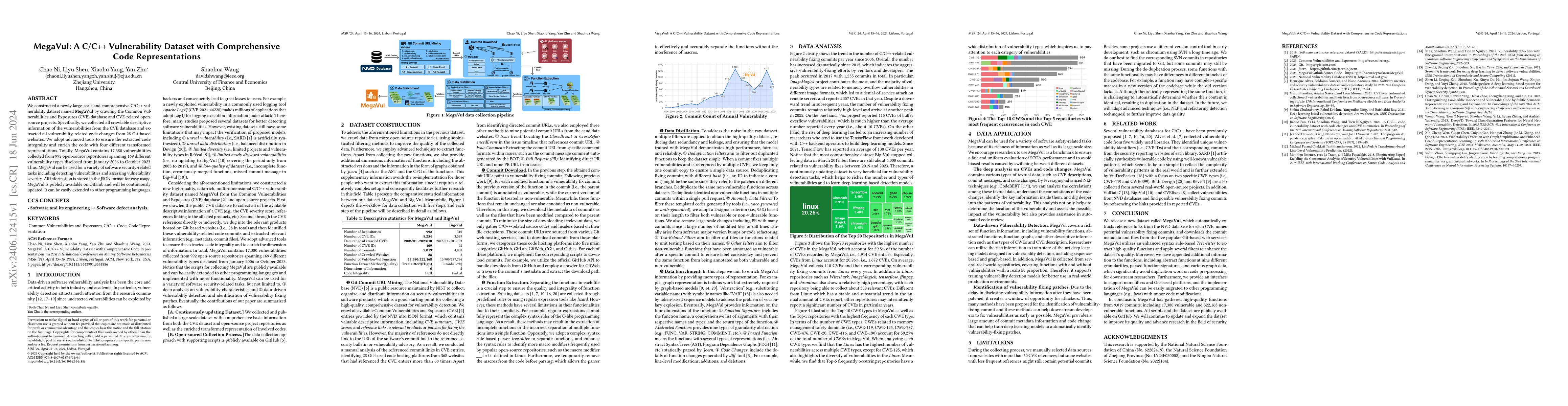 Thumbnail for MegaVul: A C/C++ Vulnerability Dataset with Comprehensive Code
  Representation