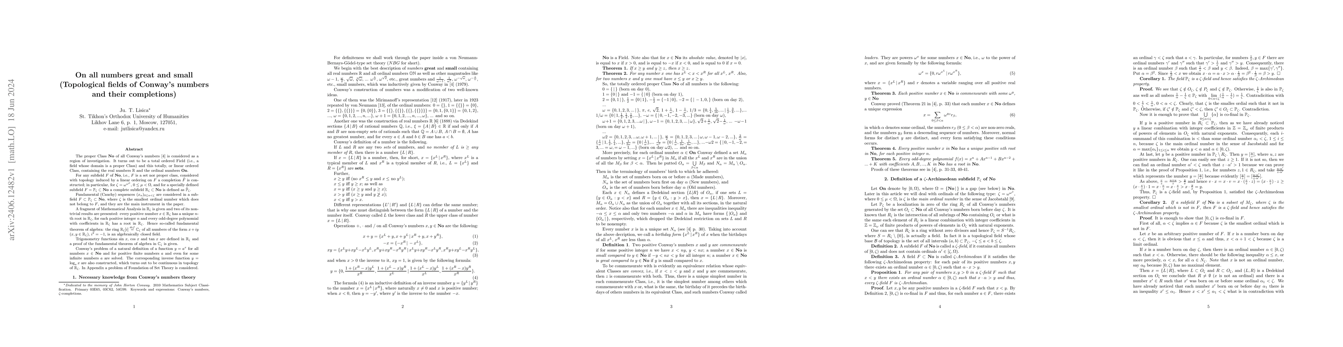 Thumbnail for On all numbers great and small (Topological fields of Conway's numbers
  and their completions)