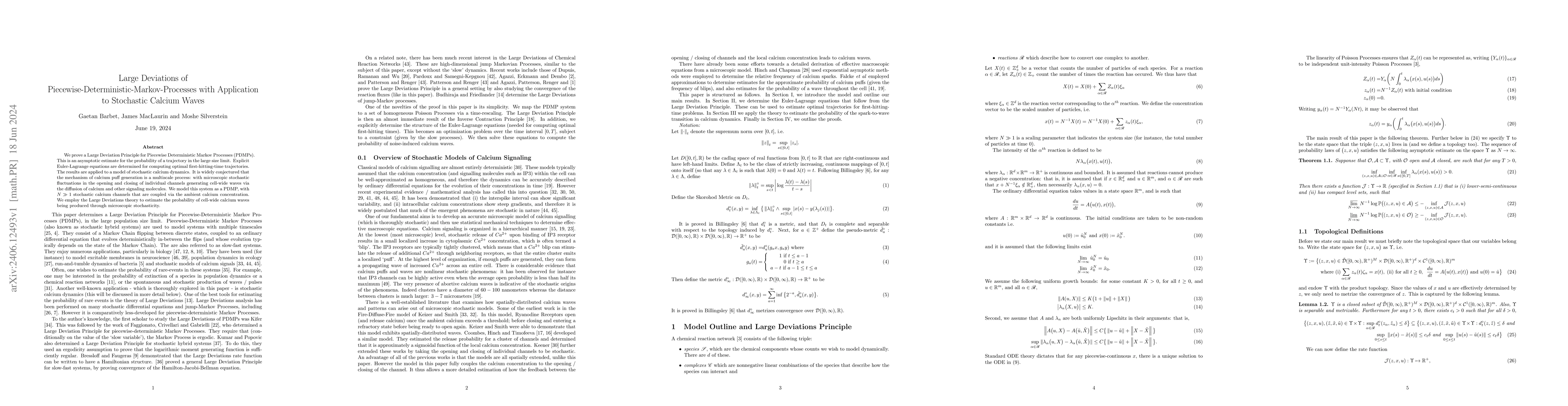 Thumbnail for Large Deviations of Piecewise-Deterministic-Markov-Processes with
  Application to Stochastic Calcium Waves