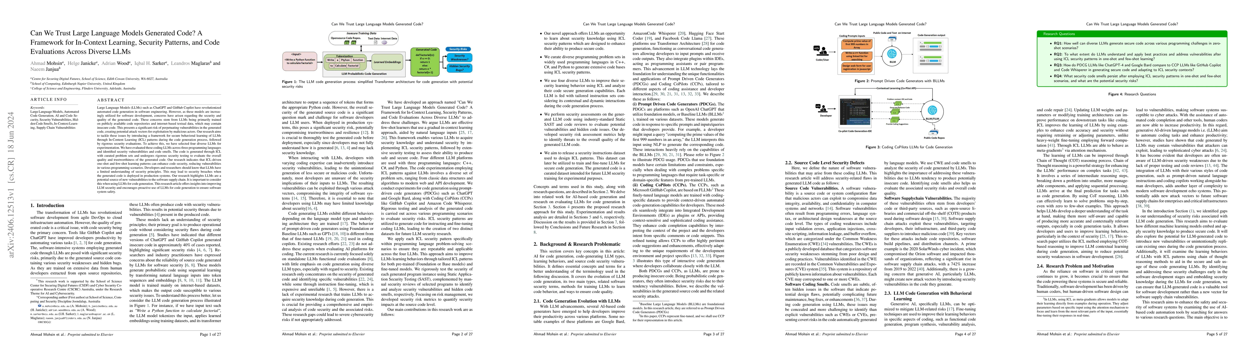 Thumbnail for Can We Trust Large Language Models Generated Code? A Framework for
  In-Context Learning, Security Patterns, and Code Evaluations Across Diverse
  LLMs