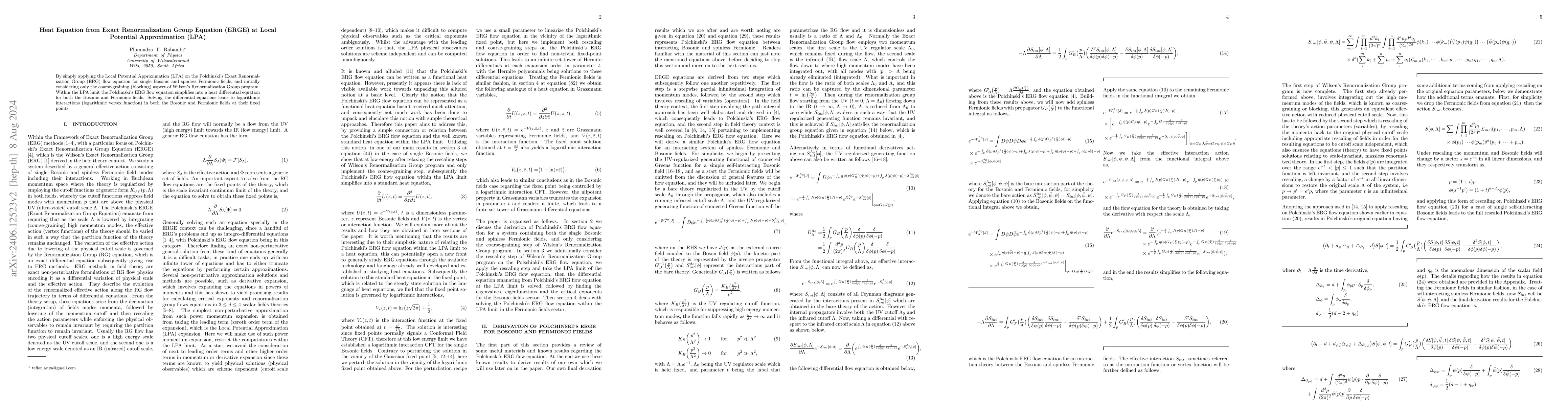 Thumbnail for Heat Equation from Exact Renormalization Group Equation (ERGE) at Local
  Potential Approximation (LPA)