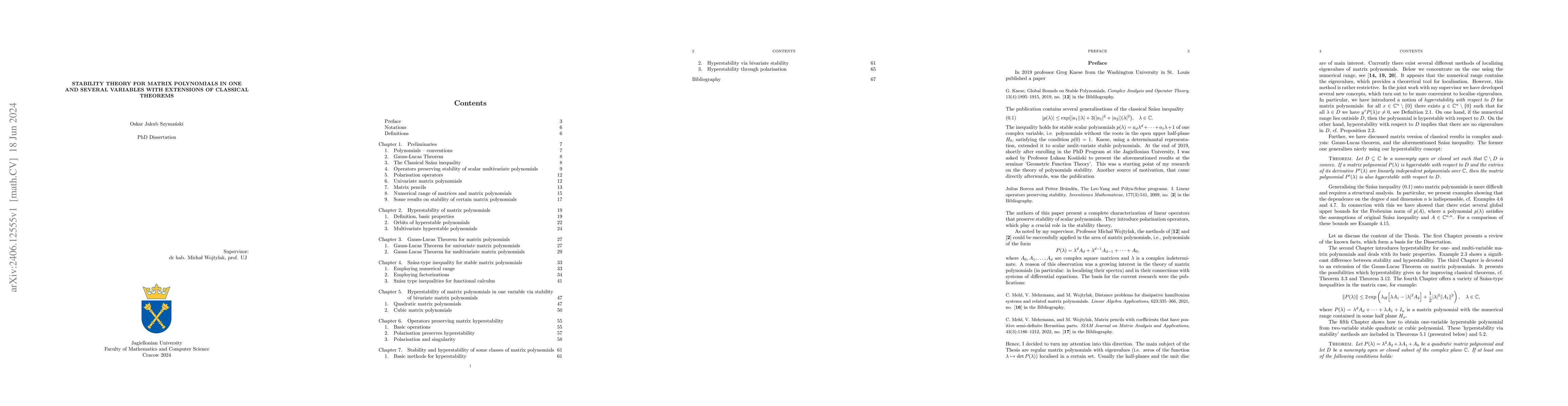 Thumbnail for Stability Theory for Matrix Polynomials in One and Several Variables
  with Extensions of Classical Theorems