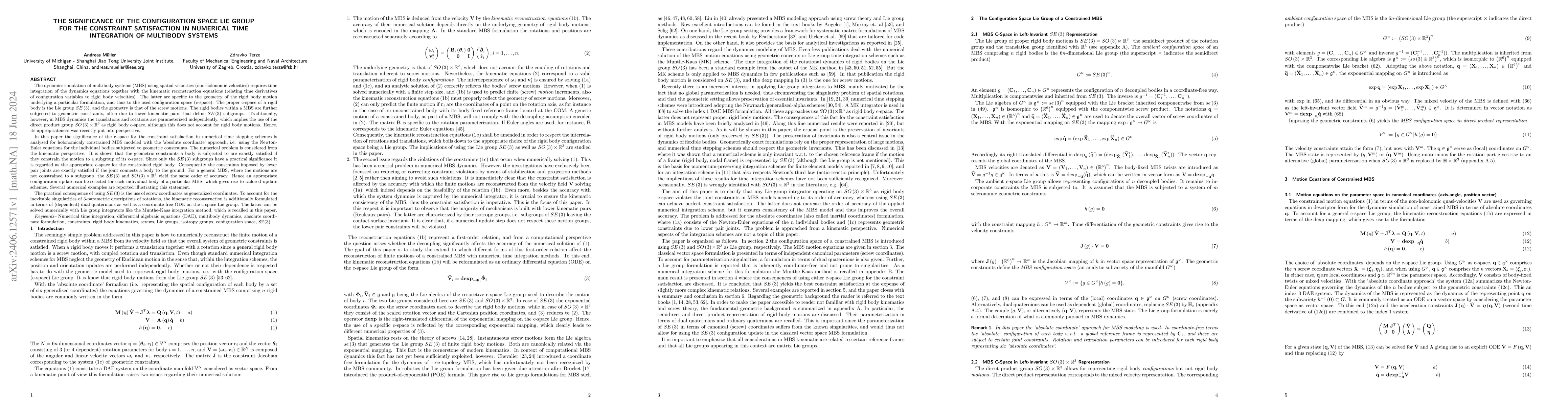 Thumbnail for The significance of the configuration space Lie group for the constraint
  satisfaction in numerical time integration of multibody systems