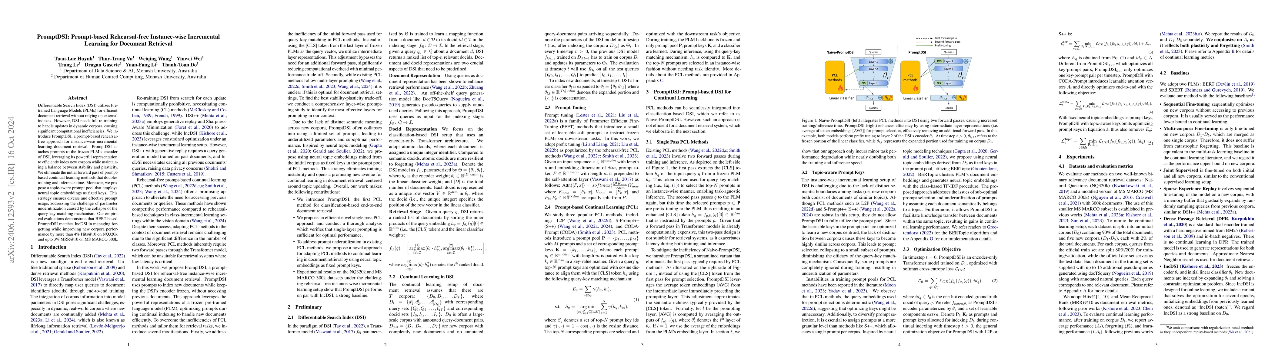 Thumbnail for PromptDSI: Prompt-based Rehearsal-free Instance-wise Incremental
  Learning for Document Retrieval