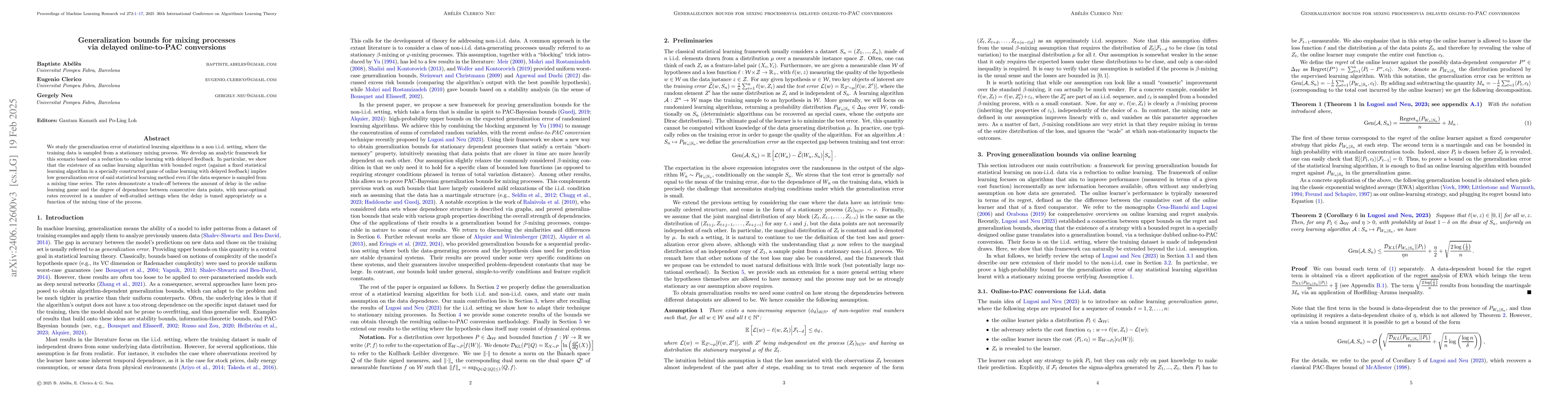 Thumbnail for Generalization bounds for mixing processes via delayed online-to-PAC
  conversions