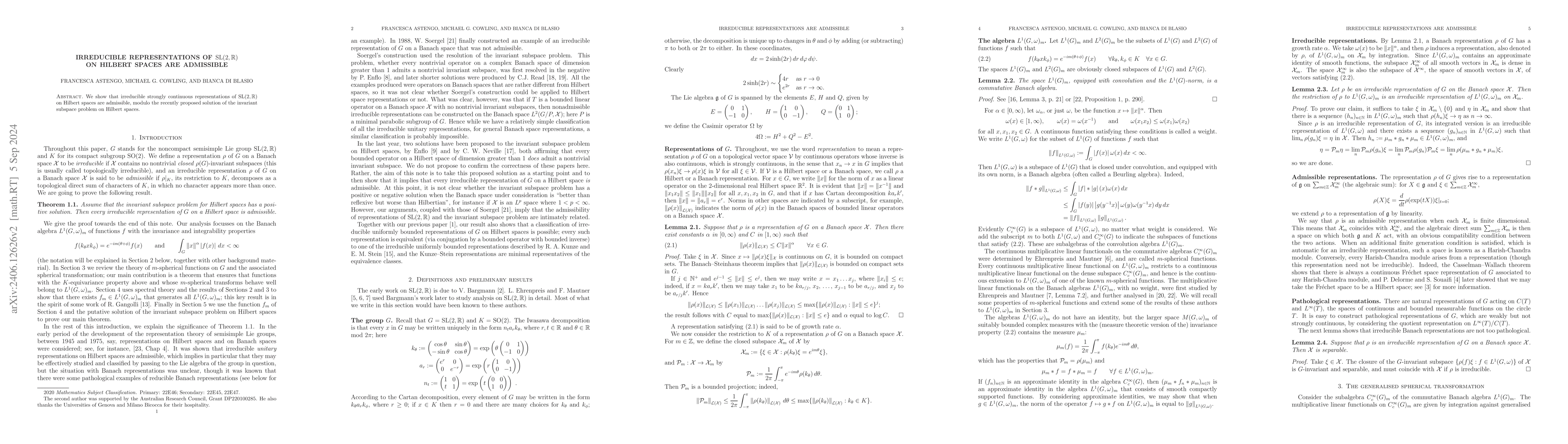 Thumbnail for Irreducible representations of $\mathrm{SL}(2,\R)$ on Hilbert spaces are
  admissible