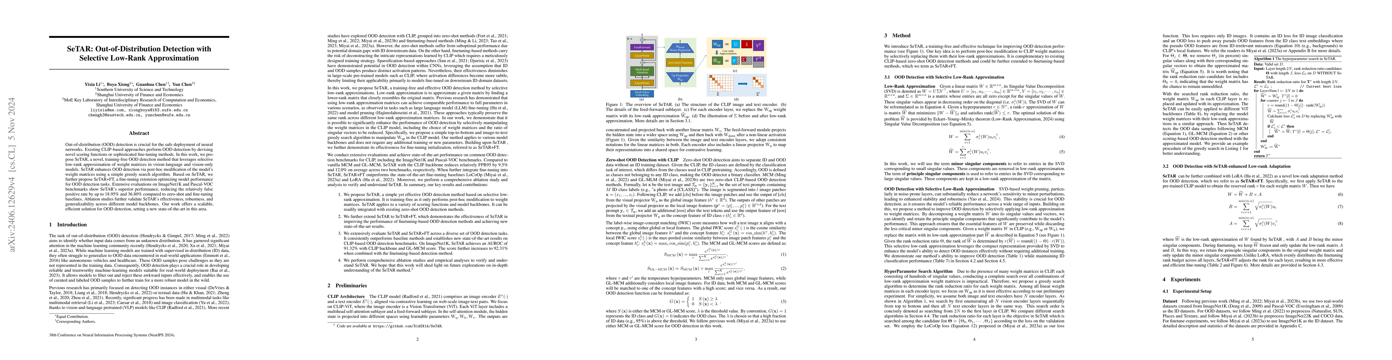 Thumbnail for SeTAR: Out-of-Distribution Detection with Selective Low-Rank
  Approximation