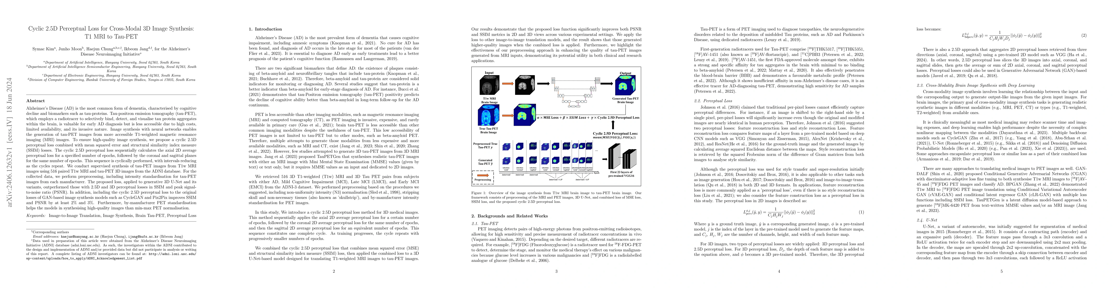 Thumbnail for Cyclic 2.5D Perceptual Loss for Cross-Modal 3D Image Synthesis: T1 MRI
  to Tau-PET