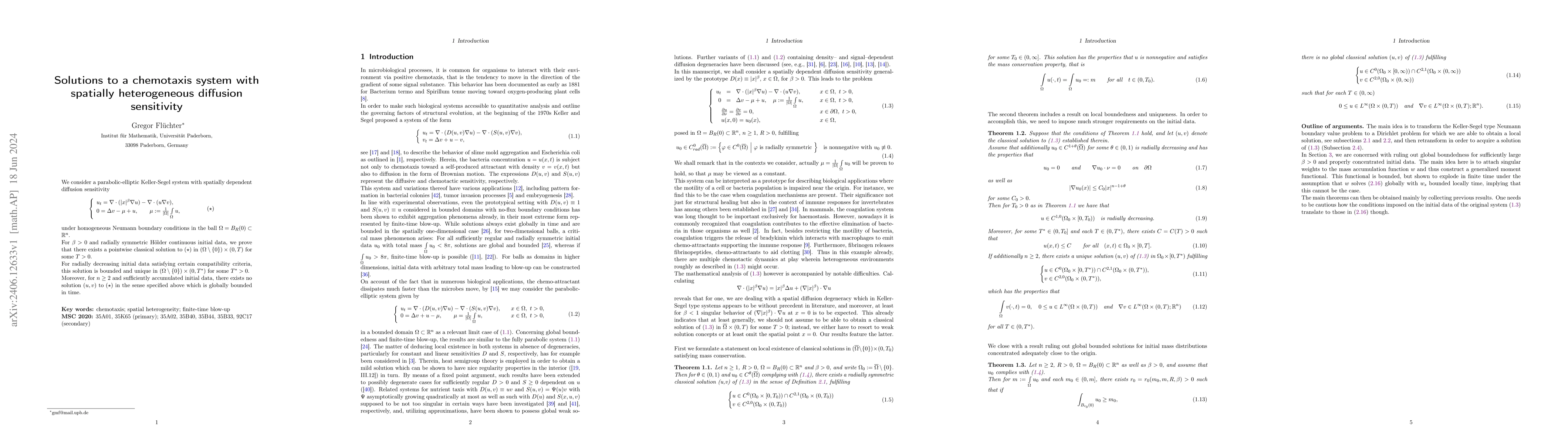 Thumbnail for Solutions to a chemotaxis system with spatially heterogeneous diffusion
  sensitivity
