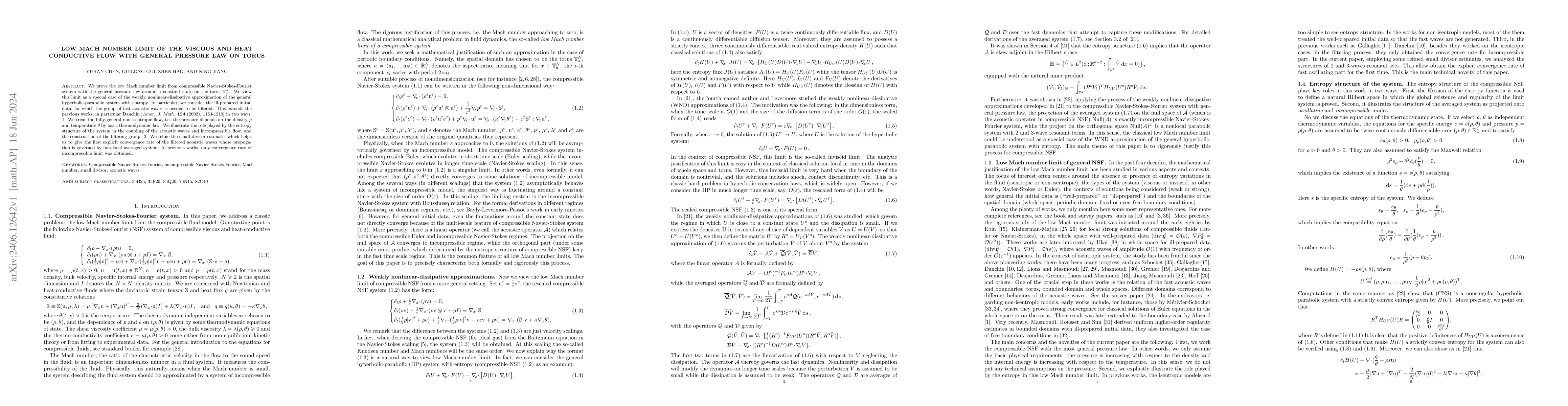 Thumbnail for Low mach Number Limit of the Viscous and Heat Conductive Flow with
  general pressure law on torus