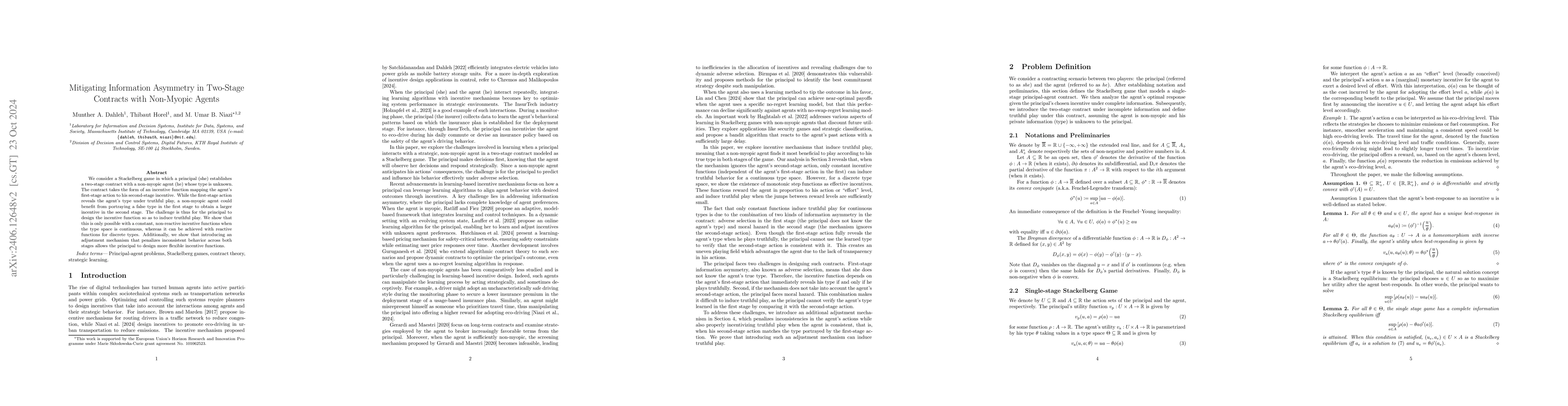 Thumbnail for Mitigating Information Asymmetry in Two-Stage Contracts with Non-Myopic
  Agents