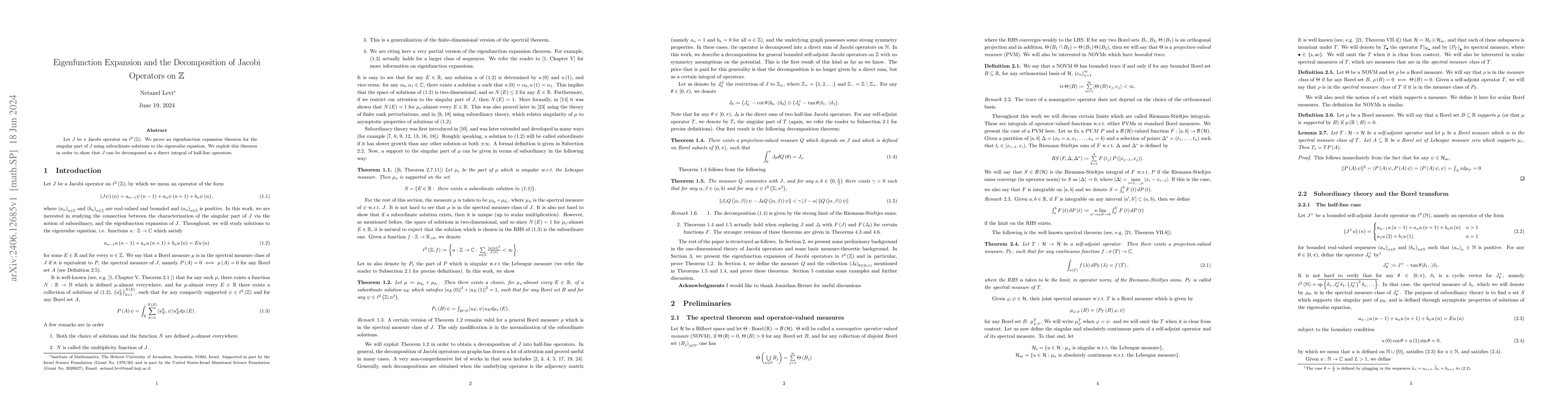 Thumbnail for Eigenfunction Expansion and the Decomposition of Jacobi Operators on
  $\mathbb{Z}$