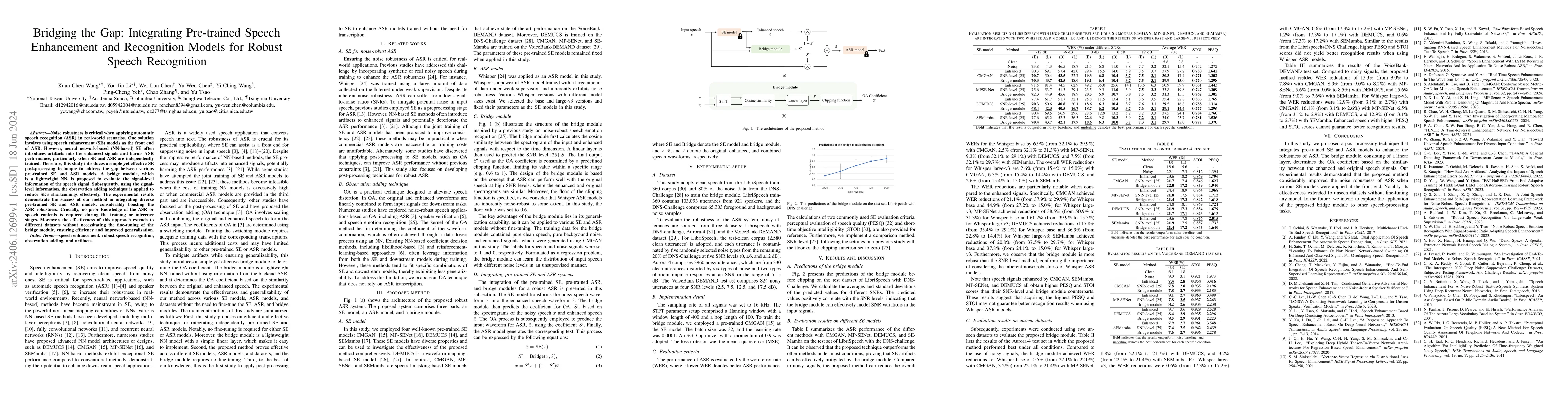Thumbnail for Bridging the Gap: Integrating Pre-trained Speech Enhancement and
  Recognition Models for Robust Speech Recognition