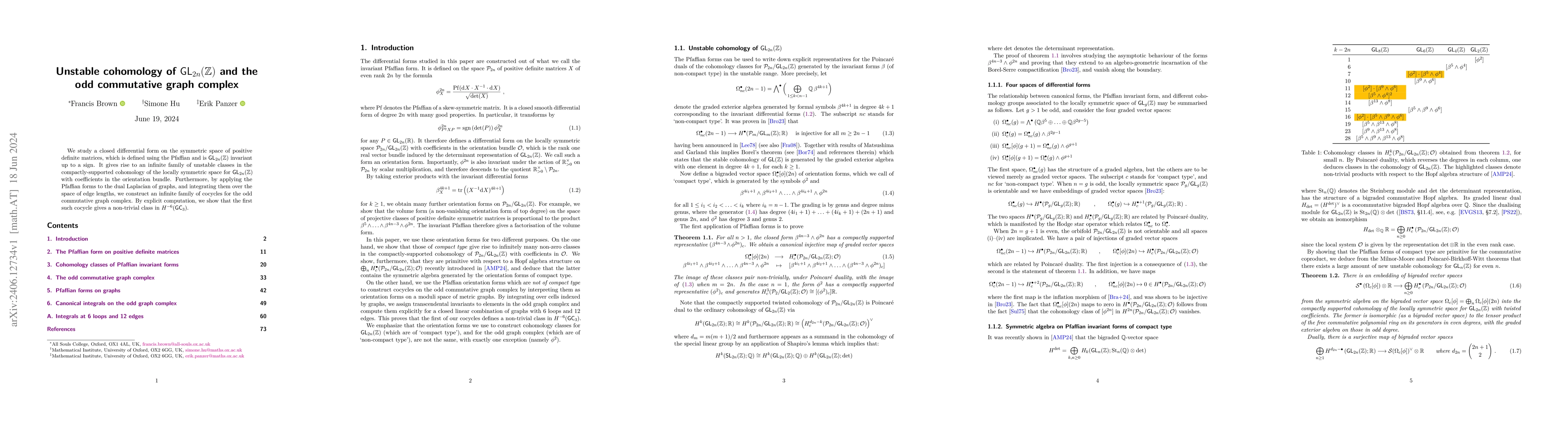 Thumbnail for Unstable cohomology of $\mathsf{GL}_{2n}(\mathbb{Z})$ and the odd
  commutative graph complex
