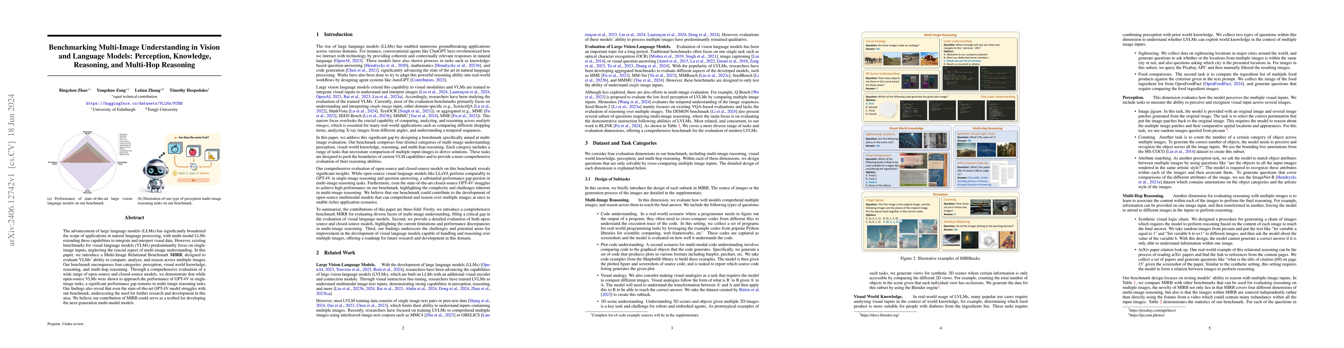 Thumbnail for Benchmarking Multi-Image Understanding in Vision and Language Models:
  Perception, Knowledge, Reasoning, and Multi-Hop Reasoning