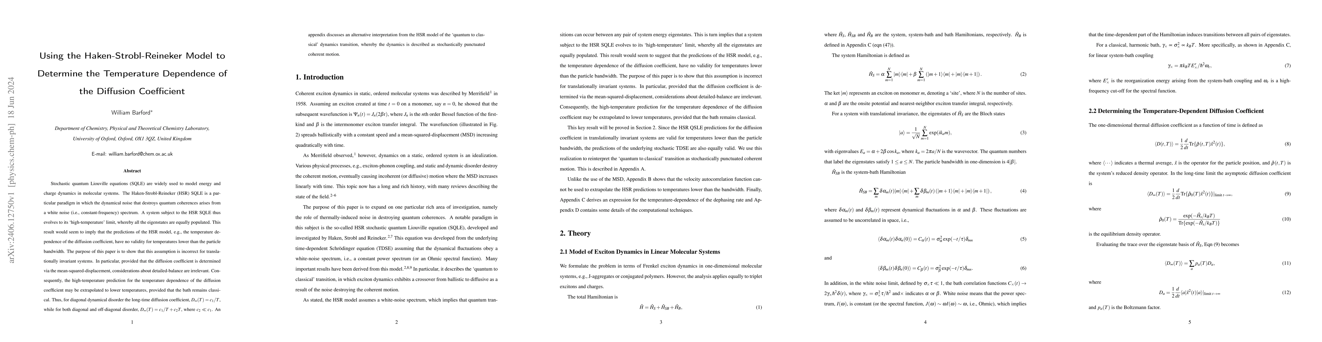 Thumbnail for Using the Haken-Strobl-Reineker Model to Determine the Temperature
  Dependence of the Diffusion Coefficient