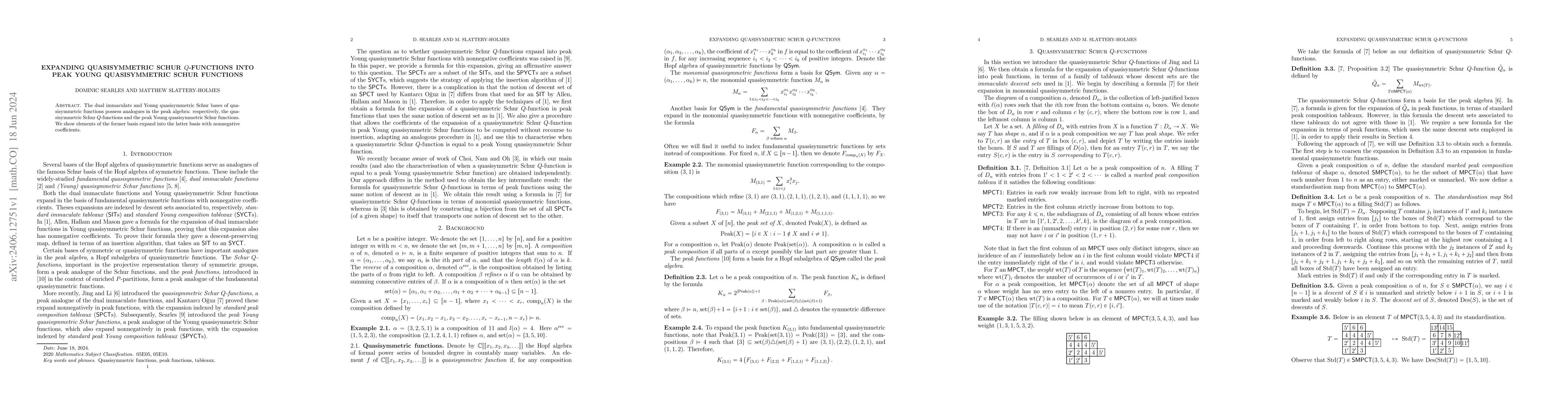 Thumbnail for Expanding quasisymmetric Schur $Q$-functions into peak Young
  quasisymmetric Schur functions