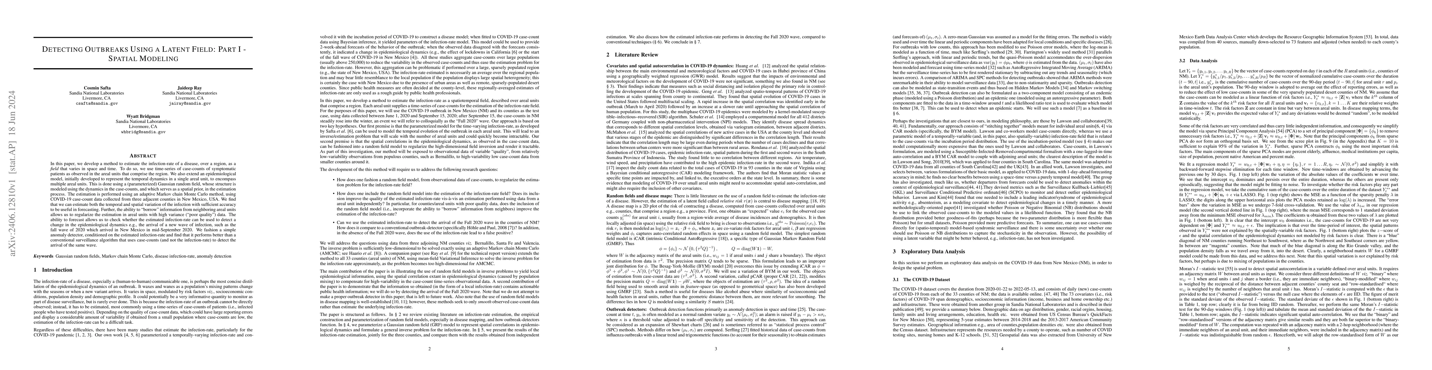 Thumbnail for Detecting Outbreaks Using a Latent Field: Part I -- Spatial Modeling