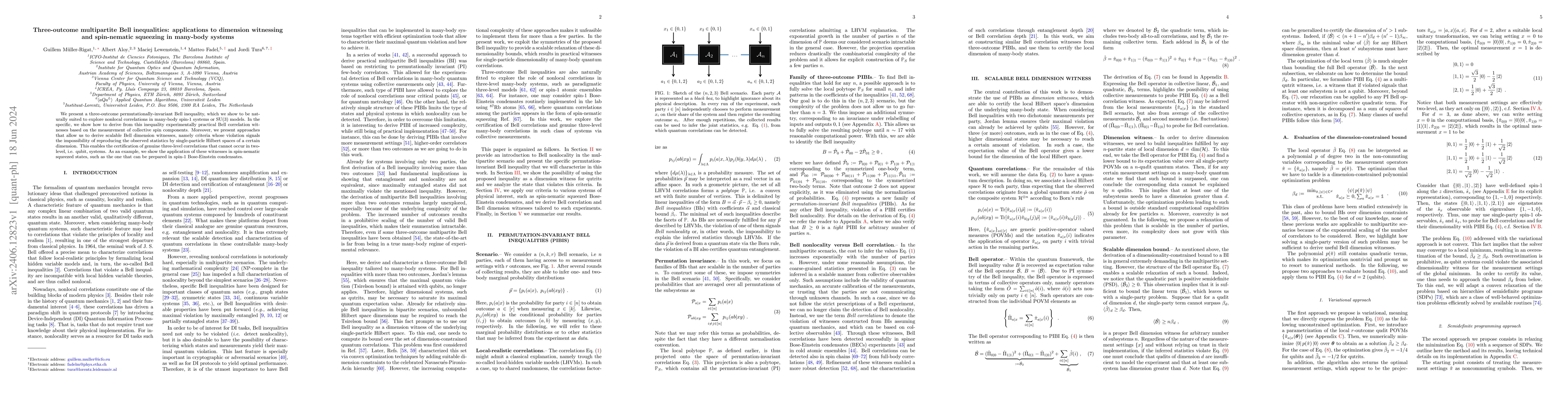 Thumbnail for Three-outcome multipartite Bell inequalities: applications to dimension
  witnessing and spin-nematic squeezing in many-body systems