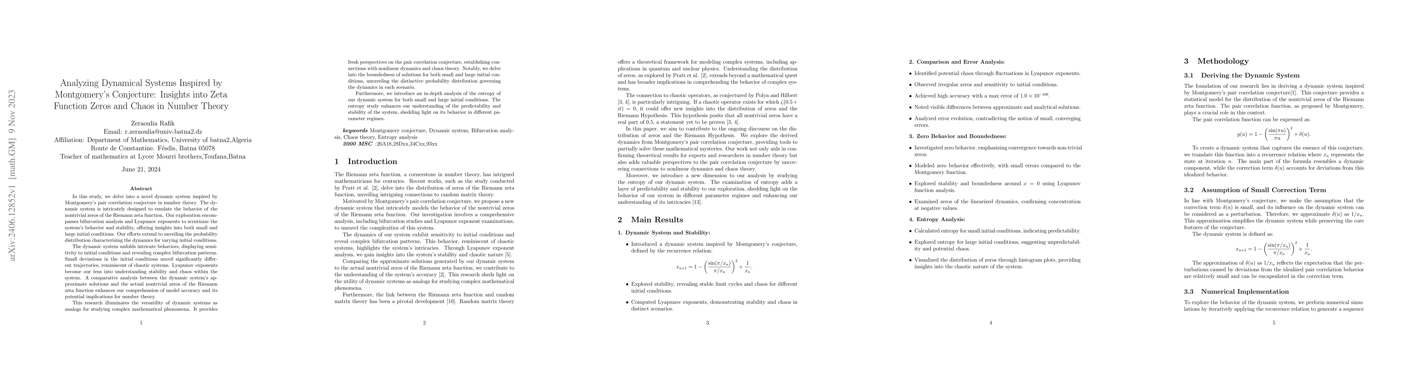 Thumbnail for Analyzing Dynamical Systems Inspired by Montgomery's Conjecture:
  Insights into Zeta Function Zeros and Chaos in Number Theory