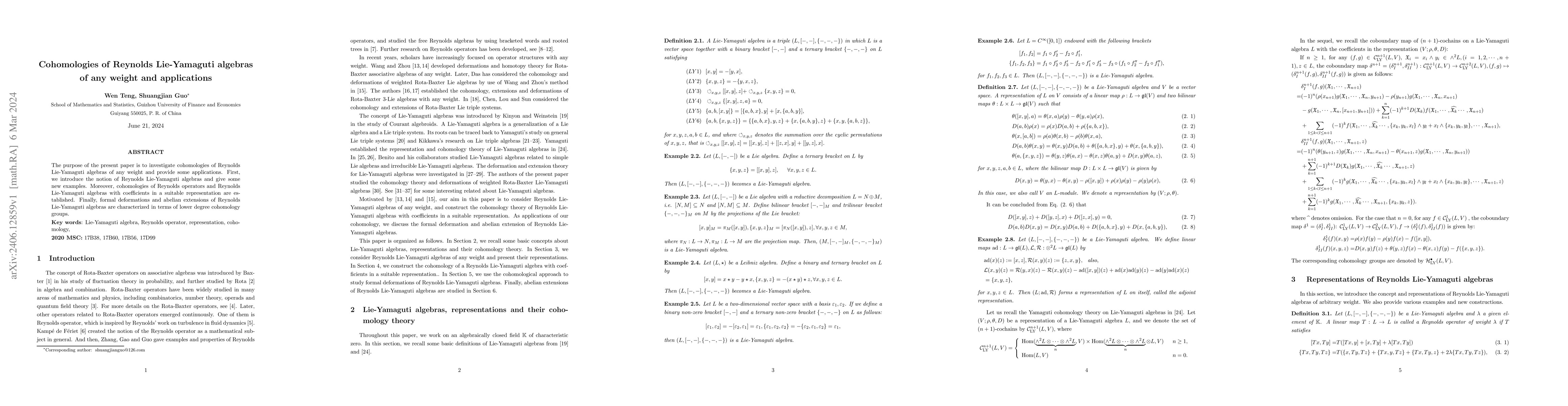 Thumbnail for Cohomologies of Reynolds Lie-Yamaguti algebras of any weight and
  applications