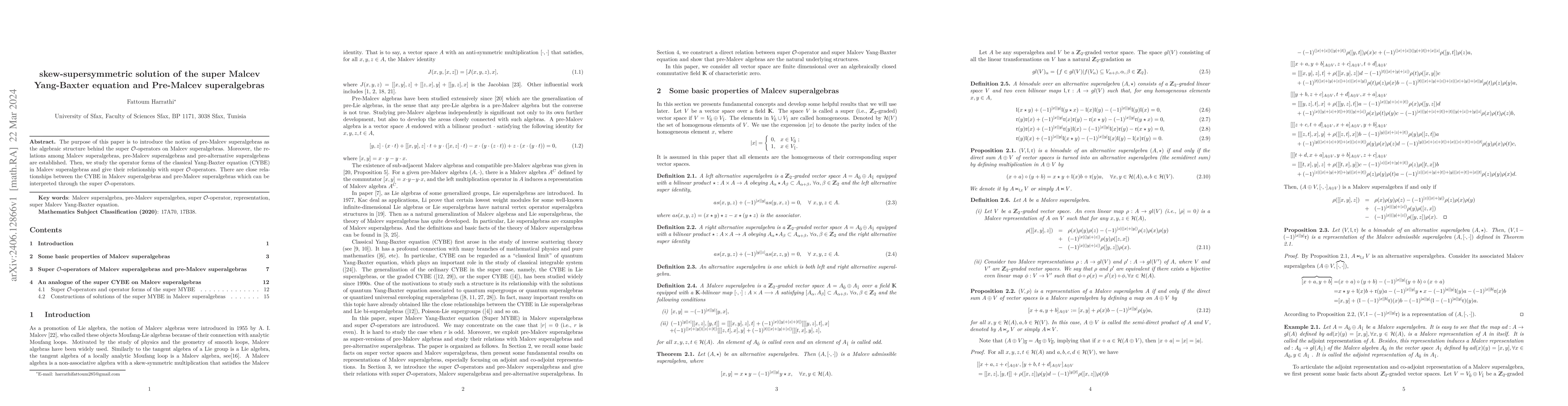 Thumbnail for Skew-supersymmetric solution of the super Malcev Yang-Baxter equation
  and Pre-Malcev superalgebras