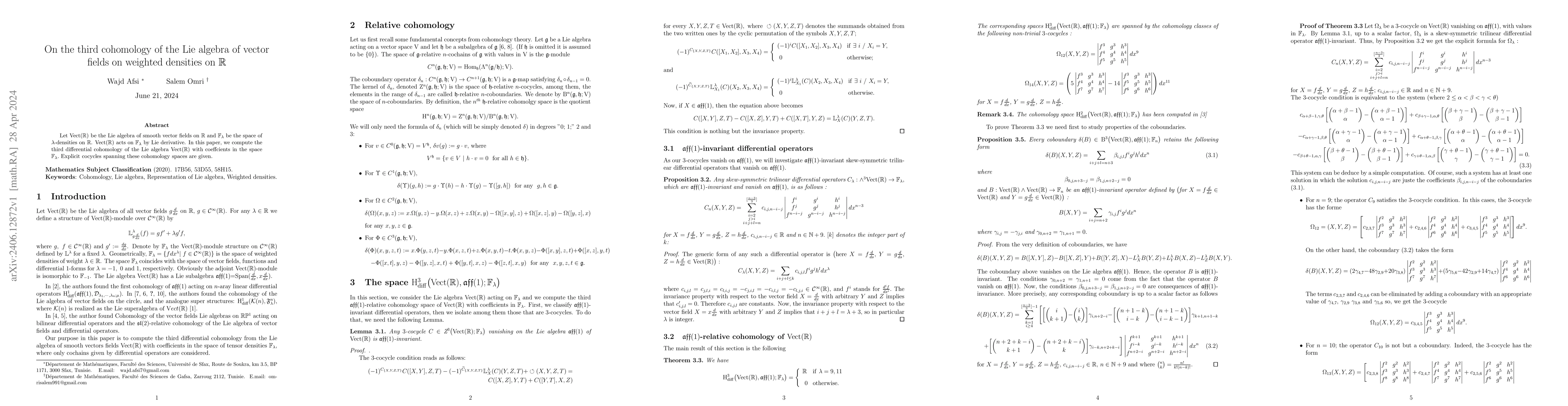 Thumbnail for On the third cohomology of the Lie algebra of vector fields on weighted
  densities on R