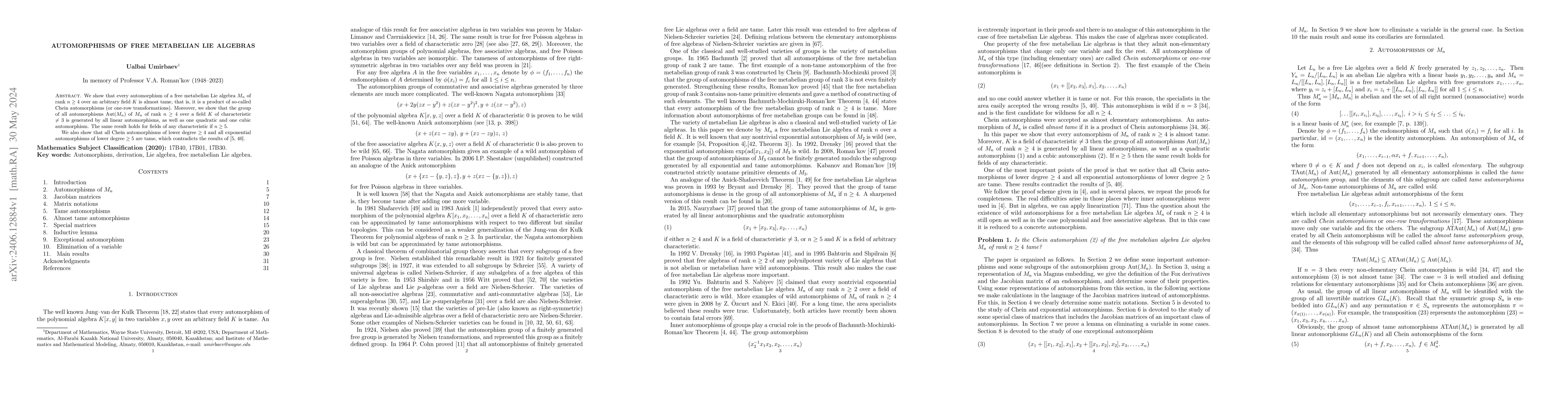 Thumbnail for Automorphisms of free metabelian Lie algebras