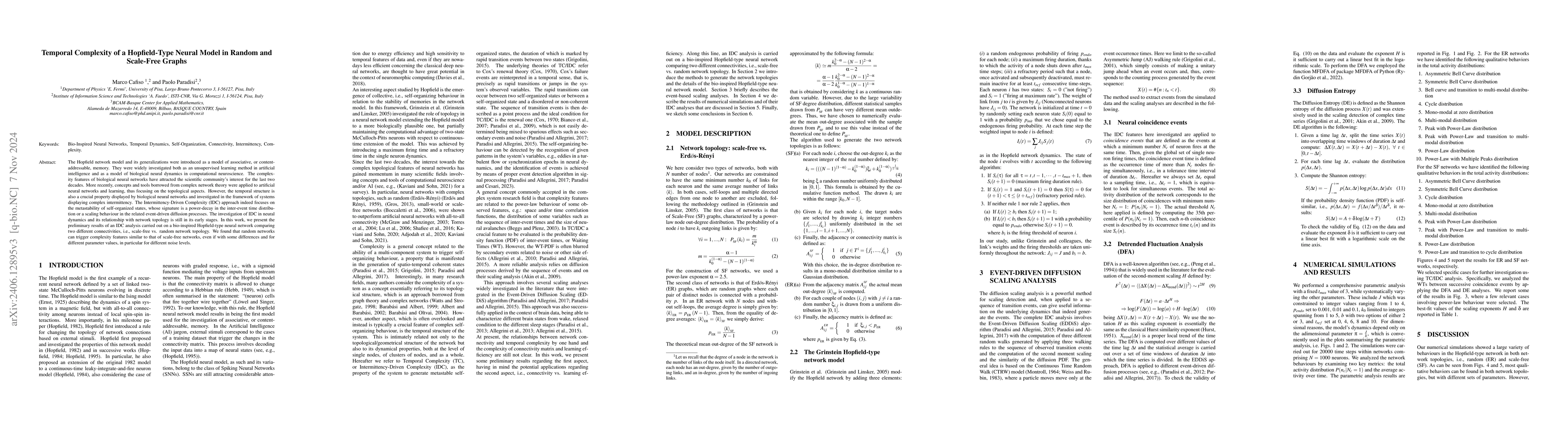 Thumbnail for Temporal Complexity of a Hopfield-Type Neural Model in Random and
  Scale-Free Graphs