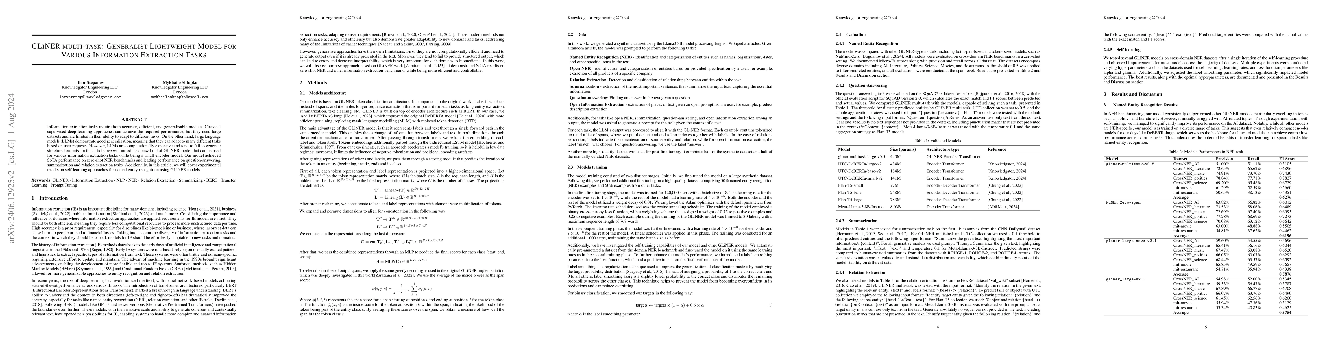 Thumbnail for GLiNER multi-task: Generalist Lightweight Model for Various Information
  Extraction Tasks