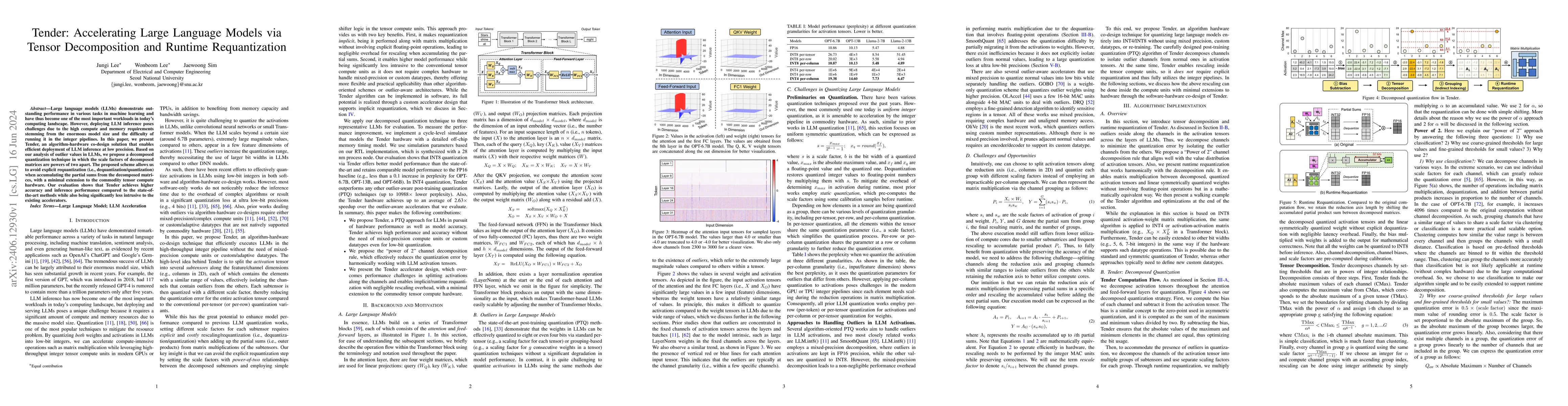 Thumbnail for Tender: Accelerating Large Language Models via Tensor Decomposition and
  Runtime Requantization
