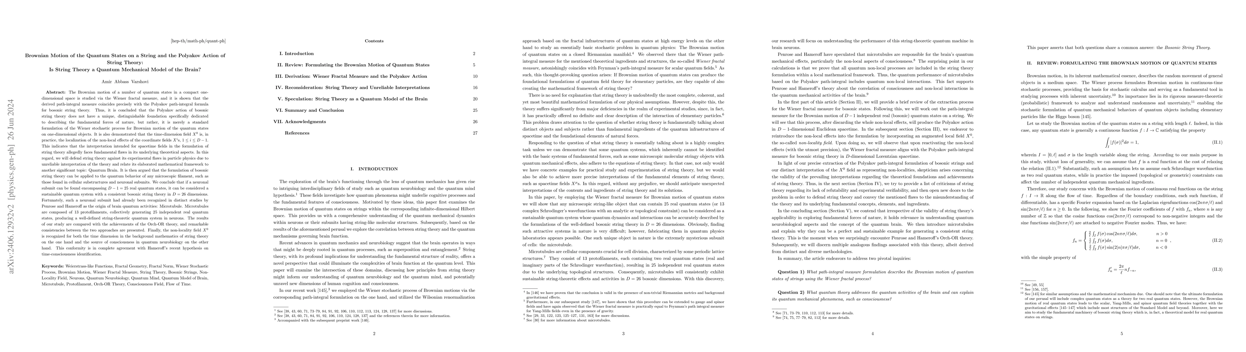 Thumbnail for Brownian Motion of the Quantum States on a String and the Polyakov
  Action of String Theory: Is String Theory a Quantum Mechanical Model of the
  Brain?
