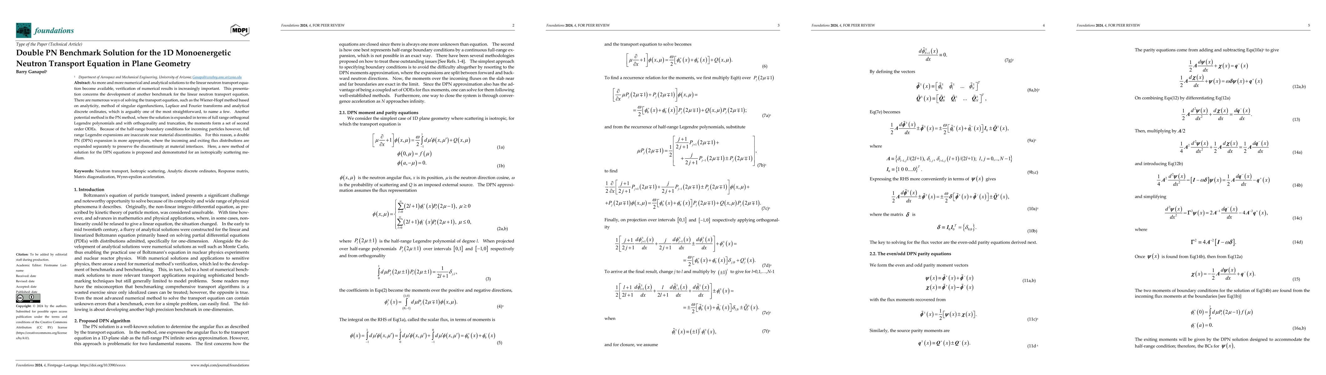 Thumbnail for Double PN Benchmark Solution for the 1D Monoenergetic Neutron Transport
  Equation in Plane Geometry