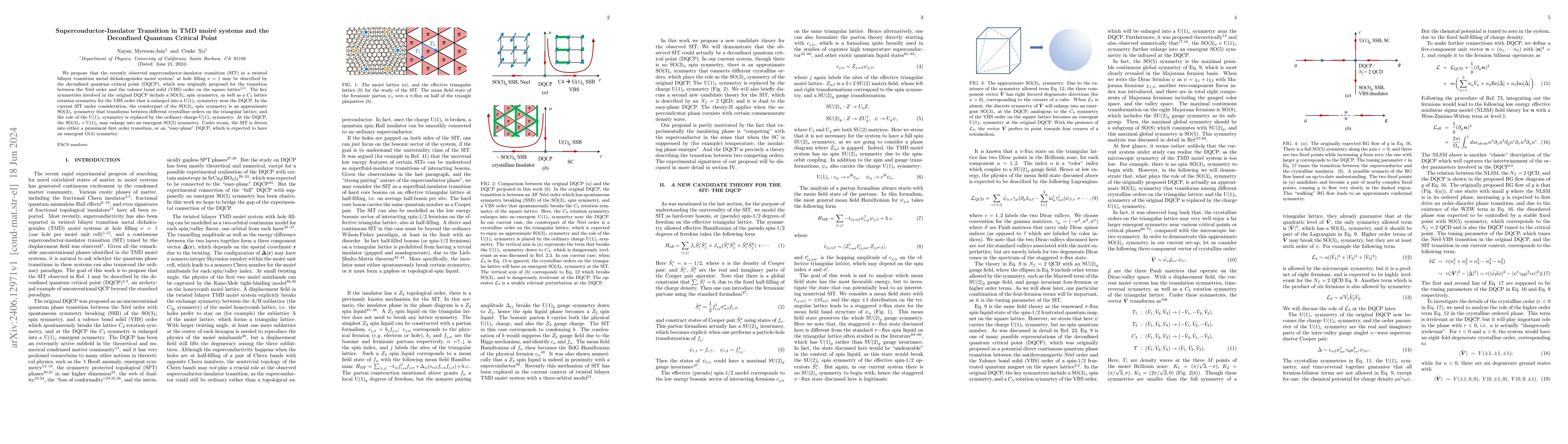 Thumbnail for Superconductor-Insulator Transition in the TMD moir\'{e} systems and the
  Deconfined Quantum Critical Point